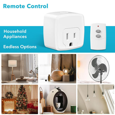 HBN Remote Control Outlet with 100FT RF Signal, Wireless On Off Switch Plug for Household Appliances, Battery Included, 15A/1875W(1 Outlet + 1Remo...