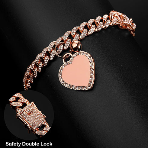 Hillban Dog Chain Rose Gold-plated Diamond Collar with Heart Rhinestones Jewelry Accessories Pet ID Tag Chain Heart Bling Collar with Personalized...