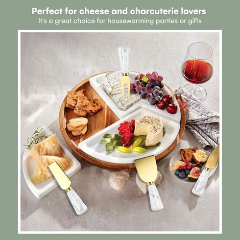 Hallops Marble Cheese Knife Set - 4 Knives for Charcuterie Board & Utensils, Rustic Ceramic White Handle, Elite-Quality Cutlery, Ideal Serving Acc...
