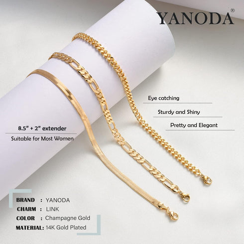 YANODA 3Pcs Gold Ankle Bracelets for Women Dainty 14k Gold Plated Layering Anklets Set Adjustable Fashion Link Chain Ankle Bracelet Adjustable Bea...