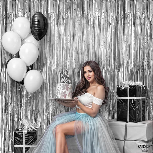 KatchOn, XtraLarge Silver Backdrop Curtain - 3.2x8 Feet, Pack of 2 | Silver Streamers Backdrop for Disco Party Decorations | Fringe Curtains for E...