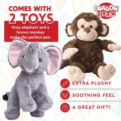 Elephant and Monkey Stuffed Animals - 2 Soft Plush Animal Toys for Baby, Toddler and Kids - Cute and Cuddly Friends for Boy or Girl - Great Gift f...