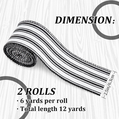 Whaline 2 Rolls Christmas Black White Wired Edge Ribbon Christmas White Black Striped Fabric Ribbon Farmhouse Craft Ribbon for Christmas DIY Gift ...