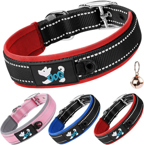 AUAUY Nylon Dog Collar, Pet Dog Reflective Collar, Ultra Soft Neoprene Padded, Adjustable Reflective Stitching Pet Collar with Durable Metal Buckl...