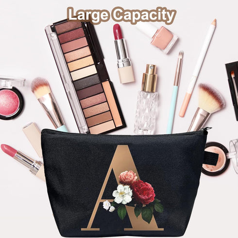 Small Letter Comestic Travel Bag Gold Alphabet with Flower Makeup Bag Portable Travel Stuff Bag Zipper Toiletry Pouch Personalized Gifts for Women...