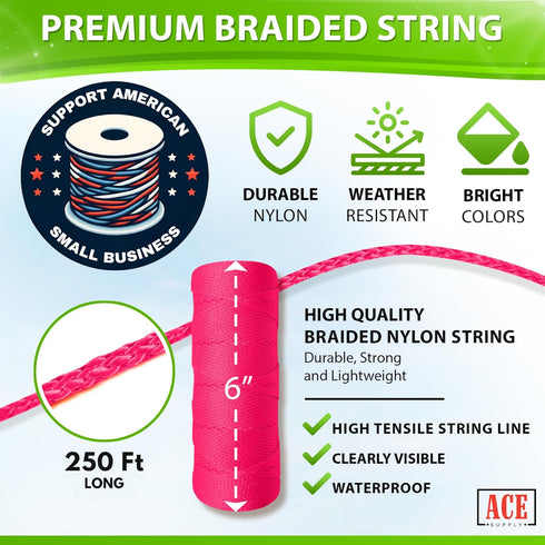 Fluorescent Pink Mason Line String Line - #18 Braided Nylon String - 250 Ft Length - Nylon Twine for Gardening Or Masonry Tools - Perfect Construc...
