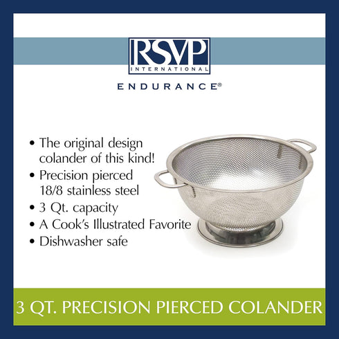RSVP International Endurance Kitchen Collection Colander Strainer, 3 Quart, Pierced Stainless Steel...