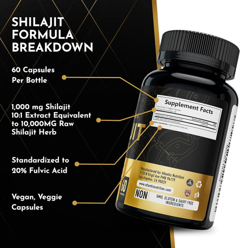 Shilajit Supplement - Pure Himalayan Authentic Shilaijt Resin Capsules Formulated with 20% Fulvic Acid - 10:1 Extract 10,000mg Extra Strength - Ma...