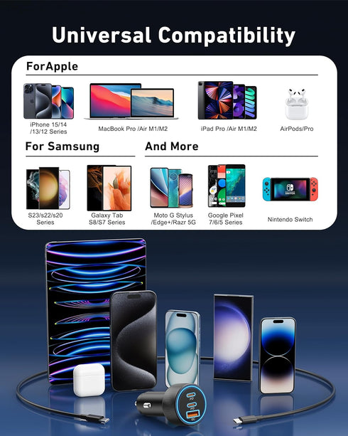 USB C Car Charger, 3-Port 67W Dual USB-C & USB-A Car Power Adapter PD/QC Fast Charging Cigarette Lighter for iPhone 15/14/13/12/11/Pro Max, iPad, ...