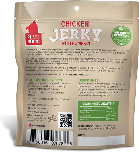 PLATO Pet Treats Air Dried, Real Meat, Chicken Jerky with Pumpkin Dog Treats, Made in The USA, Grain Free, 7oz...