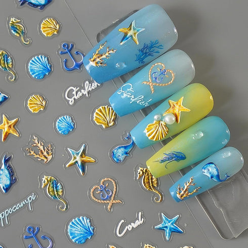 5D Embossed Nail Art Stickers Seashell Starfish Nail Stickers Self Adhesive Nail Art Tools Supplies Ocean Life Theme Nail Decals Summer Nail Acces...