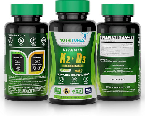 Vitamin K2 + D3 (120 Softgels) - Vitamin D3 K2 Supplement - Supports Cardiovascular & Bone Health - Non-GMO - Allergen-Free - 120 Softgels...