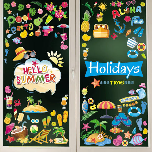 Summer Window Decals Removable Beach Window Stickers Summertime Gel Window Clings Double Sided Printed for Glass Window Decorations...
