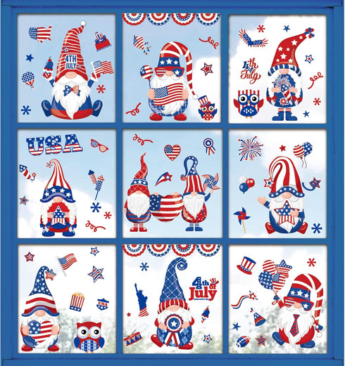 138Pcs Patriotic Window Clings 4th of July Gnome American Flag Firework Window Decals Red Blue Star Stripe Double-Sided Prints PVC Stickers for In...