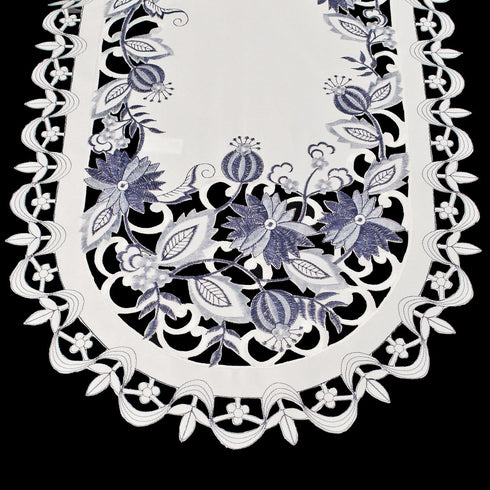 Embroidered Delft Blue Onion Flower Table Runner, Dresser Scarf, Doily (15Wx34L)...