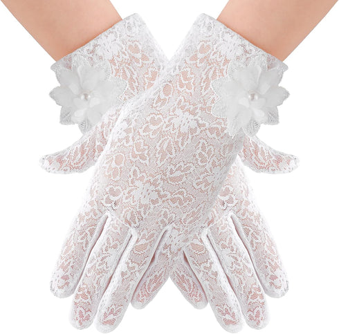 Women Short Lace Gloves Ladies Lace Floral Gloves Tea Party Gloves Bridal Wedding Gloves for Opera Prom Halloween Cosplay...