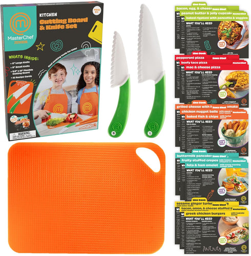 MasterChef Junior Knife and Cutting Board Set - Includes Real Cutting Tools for Kids and 15 Cooking Childrens Baking Recipes - Great for Homemade ...