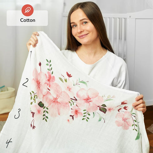 Baby Milestone Blanket | Cotton Muslin Swaddle Blanket | Monthly Photo Mat for Newborn Girl | Cherry Blossom Flowers| Personalised Baby Shower Pre...