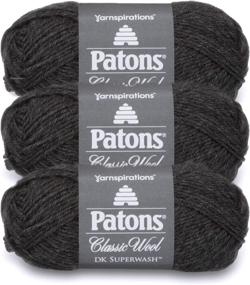 Patons Classic Wool DK Superwash Yarn - Gauge 3 Light - 100% Wool - (3-Pack) - Dark Grey Heather - for Crochet, Knitting, and Crafting...