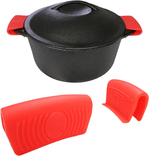 Silicone Hot Handle Holder (2-Pack) for Cast Iron Woks, Pots, Dutch Ovens, Small Skillets, Assist Handle, Oven Trays, Plates - Potholders - Red...