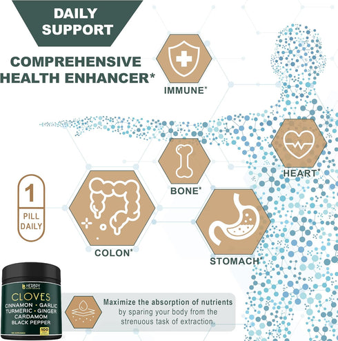 7in1 Clove Supplement Rich in Vitamins & Minerals for Digestive, Immune System, Bone & Heart Health with Cinnamon, Turmeric, Ginger, Cardamom, Gar...