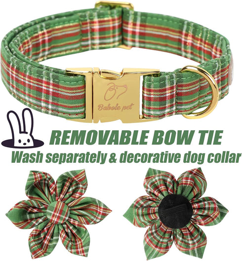 Christmas Dog Collars for Large Dog with Flower Tie,Green Dog Collar with Safety Metal Buckle Adjustable Puppy Collars for Small Medium Dog,Boy&Gi...
