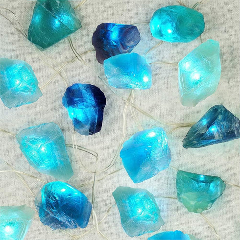 BOHON Natural Fluorite String Lights Battery Operated with Remote Sea Glass Raw Stones Decorative Lights 6.5ft 20 LEDs String Lights for Bedroom P...