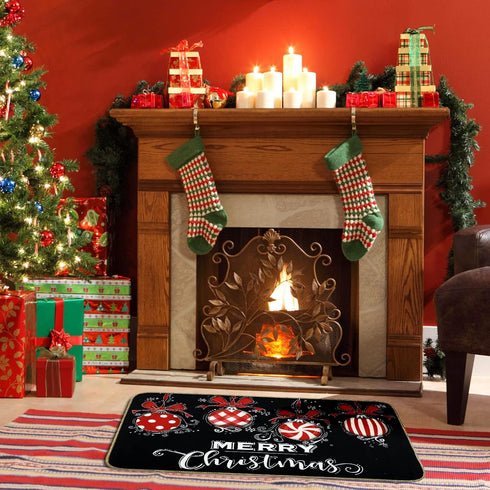 Merry Christmas Door Mat Black Red Christmas Ball Front Door Mat with Anti-Slip Rubber Back Xmas Holiday Indoor Outdoor Carpet for Home Office Kit...