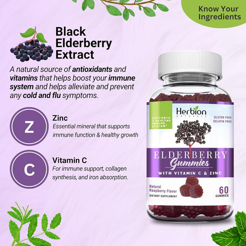 Herbion Naturals Elderberry Gummies with Vitamin C & Zinc Healthy Immune System Support Gummies, 60 Count Pectin Gummies...