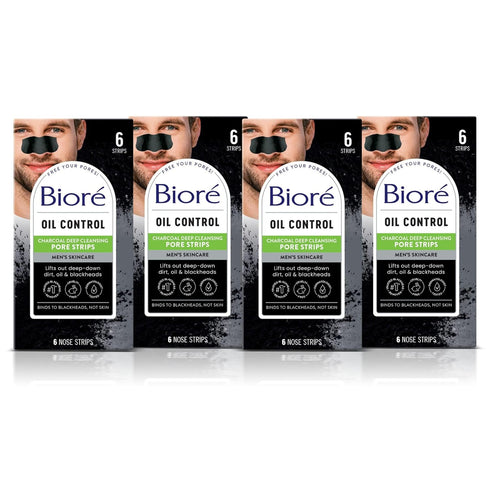 Bioré Men's Blackhead Remover Pore Strips, Charcoal Deep Cleansing Nose Strips for Blackhead Removal on Oily Skin, 6 Count (Pack of 4)...