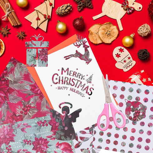 Double-Sided Christmas Scrapbook Paper, 12 Inch Poinsettia Berry Holly Pattern Paper Pad 24 Sheets Red Floral Decorative Craft Paper for Card Maki...