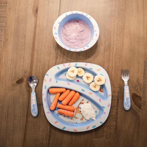 The First Years Bluey 4-Piece Place Setting - BPA Free Dishwasher Safe Toddler Dinnerware Set with Divided Plate, Bowl, Fork, Spoon - Multicolor...