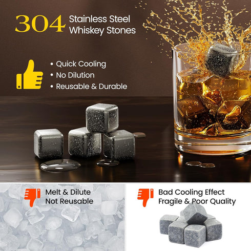 Kollea Fathers Day Whiskey Stones, 8 Packs Stainless Steel Whiskey Chilling Rocks, Reusable Ice Cube for Drinking, Cool Birthday Gift for Men Dad,...