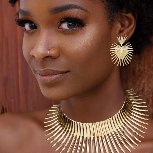 YADOCA African Collar Choker Necklace Earrings Set for Women Gold Statement Tooth Shape Tribal African Jewelry...
