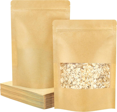 Reusable Food Storage Bags, Resealable Bags for Food, 50 PCS 5.9"×8.7" Kraft Paper Bags with Window,Stand Up Pouches, Brown Paper Bags for Food Pa...