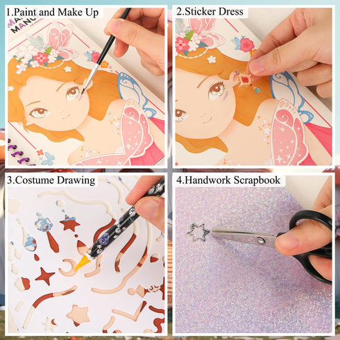 4 in 1 DIY Fashion Design Make Up Drawing Book for Girls Cute Stencils Stickers Scrapbooking Painting Art Activity Book for DIY Crafts Album Bulle...
