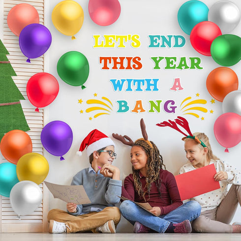 56pcs Happy New Year Chalkboard Set with 50pcs Balloons and 10 Sheets Glue Points, Let’s End This Year with A Bang Funny Paper Cut-outs School Cla...