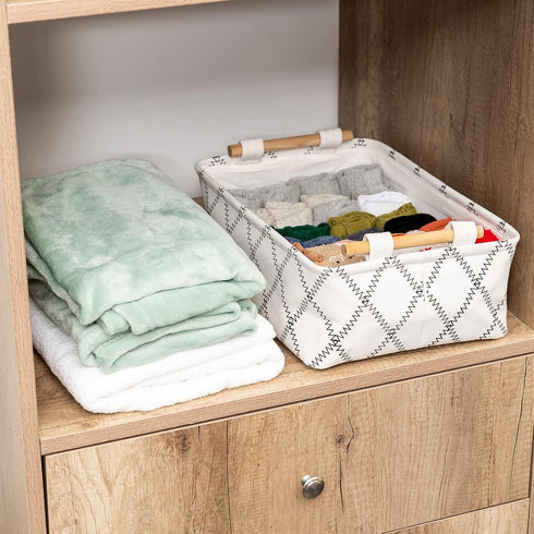 Decorative Collapsible Rectangular Fabric Storage Bin Organizer Basket with Wooden Handles for Clothes Storage,15.4x10.6x5.1 inch,White...