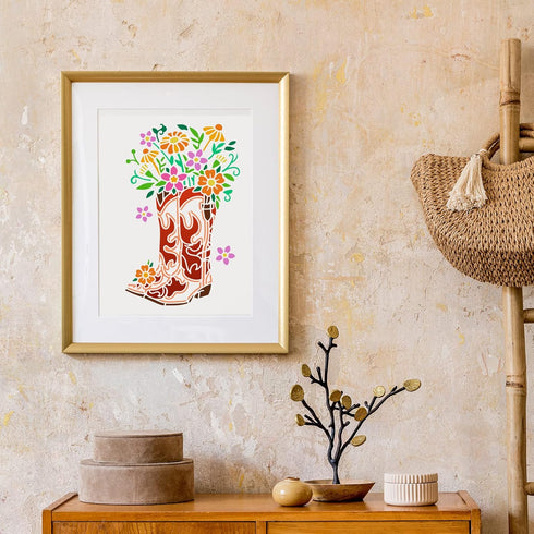 FINGERINSPIRE Cowboy Boots and Flower Painting Stencil 8.3x11.7inch Reusable Western Theme Drawing Template PET Plastic Hollow Out Stencils for Pa...