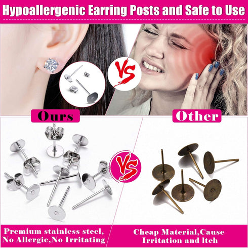 Earring Posts and Backs, Flasoo 700Pcs Stud Earring Making Kit with 300Pcs Stainless Steel Earring Posts and 400Pcs Earring Backs, Earring Supplie...
