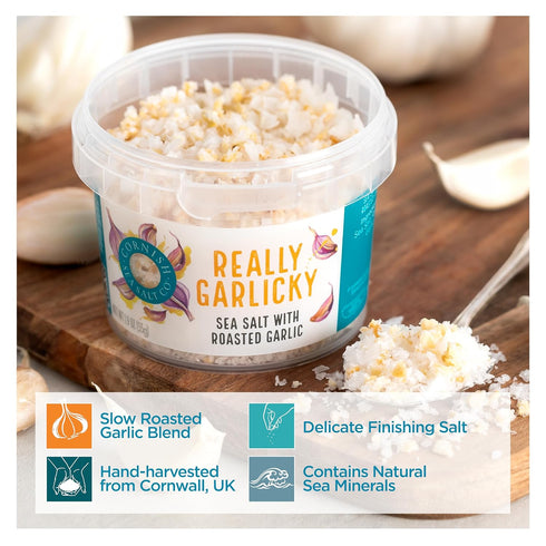 Cornish Sea Salt Really Garlicky Seasoning | Sea Salt Flakes w. Roasted Garlic | Hand-Harvested in Cornwall, England | 1.9 oz Resealable Tub (Pack...
