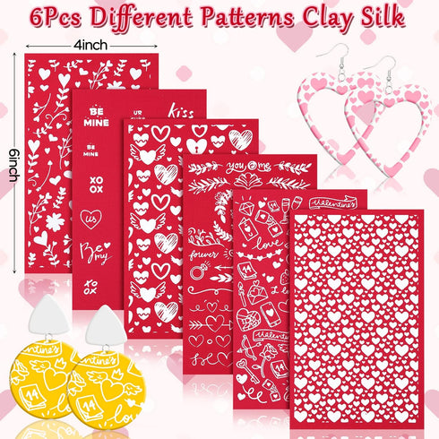 6Pcs Silk Screen Stencils for Polymer Clay, Valentine's Day Floral Silk Screen Stencils for Polymer Clay Reuseable Silk Screen for Polymer Clay Ea...