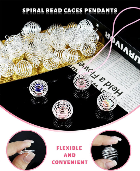 JIALEEY Spiral Bead Cages Pendants, 100 PCs 25x30mm Silver Plated Stone Holder Necklace Cage Pendants Findings for Jewelry Making and Crafting...
