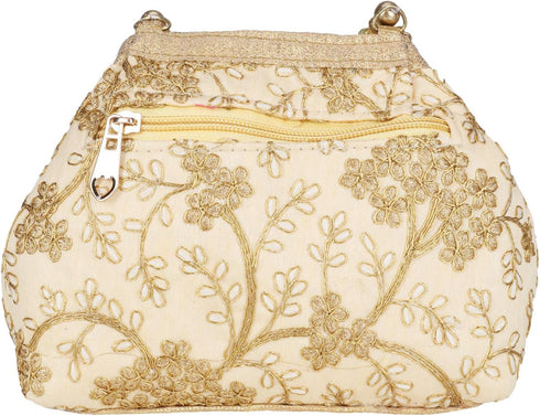 Women's Fantastic Silk Indian Ethnic Potli Bag with Handicraft work (Golden Potli)...