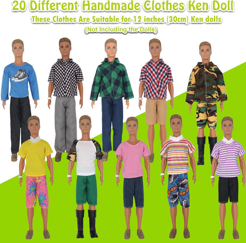 32Pcs Doll Clothes and Accessories for 12 Inch Boy Dolls Include 20 Different Wear Clothes Shirt Jeans Beach Shorts 4 Pairs of Shoes, Glasses, Ear...
