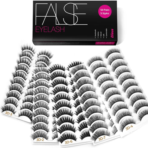 Eliace Eyelashes, 50 Pairs 5 Styles lux Faux Mink Lashes Natural Look Wispy Fluffy Handmade Cat Eye lashes Pack False Eyelashes Set, Comfortable &...