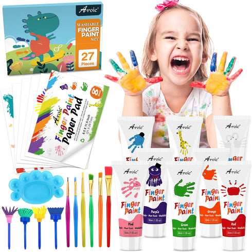 27PCS Kids Washable Finger Paint Set, Non Toxic Finger Paints 8 Colors, Finger Paint Paper, Brushes, Sponges, Art Painting Supplies for Toddlers,F...