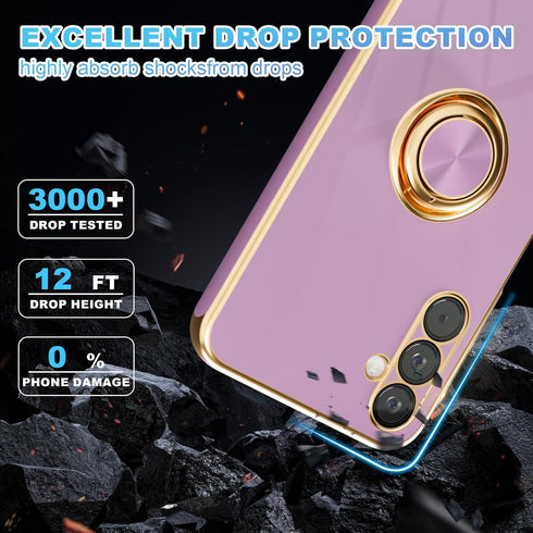 ?for Galaxy A14 5G Phone Case,+Screen Protector,with Magnetic Kickstand,Built-in 360° Rotation Ring Holder,Plating Gold Edge Slim Soft TPU Shockpr...