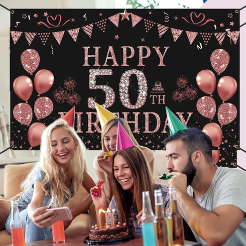 Trgowaul 50th Birthday Decorations for Women - Rose Gold 50th Birthday Banner Backdrop 50th Birthday Party Suppiles Photography Supplies Backgroun...