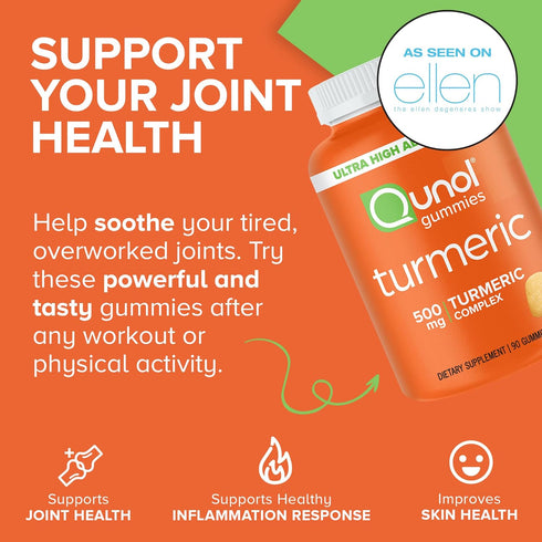 Qunol Turmeric Gummies, Gummy with 500mg Turmeric Curcumin, Joint Support Supplement, Ultra High Absorption Tumeric Curcumin, Vegan, Gluten Free, ...